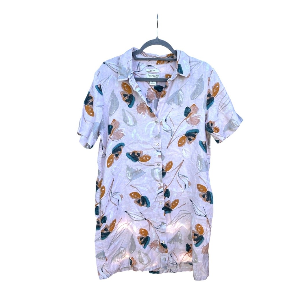 Rachel Zoe Pink Abstract Floral 100% Linen Button Down Shirt‎ Dress Large